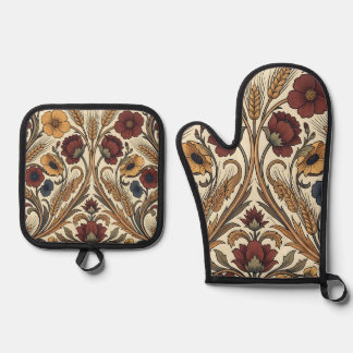 William Morris Style Red Gold Wheat Floral Pattern Ovenwant & Pannenlap Set