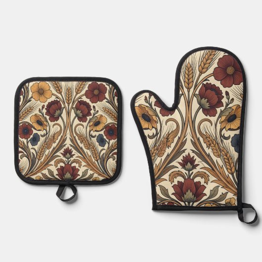 William Morris Style Red Gold Wheat Floral Pattern Ovenwant & Pannenlap Set (Voorkant)