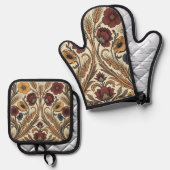 William Morris Style Red Gold Wheat Floral Pattern Ovenwant & Pannenlap Set (Voorkant / Achterkant)