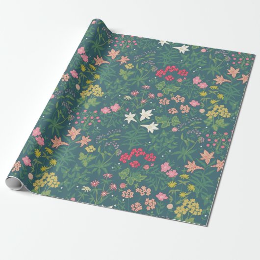 William Morris Style Spring Garden Floral Pattern Cadeaupapier (Uitgerold)