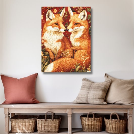  William Morris Style Twee rode vossen Canvas Afdruk