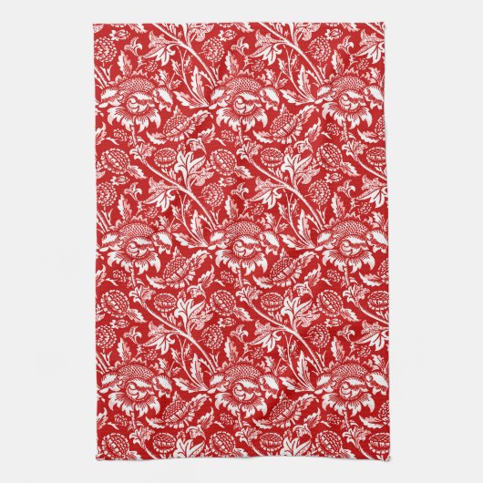 William Morris Sunflower, Deep Red en White Theedoek (Verticaal)