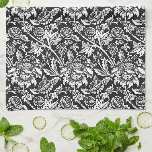 William Morris Sunflower, zwart, wit en grijs Theedoek (Gevouwen)