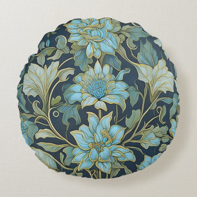 William Morris Teal Bloemen Rond Kussen (Voorkant)
