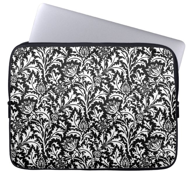 William Morris Thistle Damask, Black and White Laptop Sleeve (Voorkant)