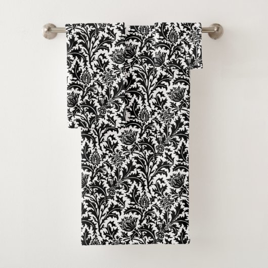 William Morris Thistle Damask, Black on White Bad Handdoek (Insitu)