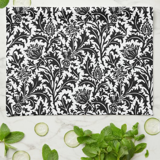 William Morris Thistle Damask, Black on White Theedoek (Gevouwen)