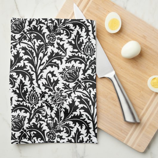 William Morris Thistle Damask, Black on White Theedoek (Quarter Fold)