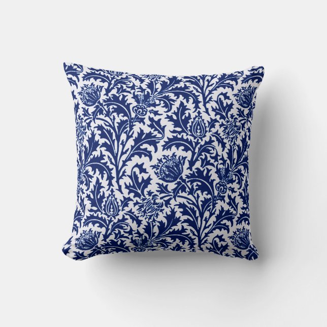 William Morris Thistle Damask, Cobalt Blue en Whit Kussen (Voorkant)