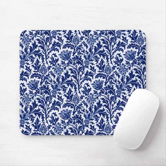 William Morris Thistle Damask, Cobalt Blue en Whit Muismat (Met muis)