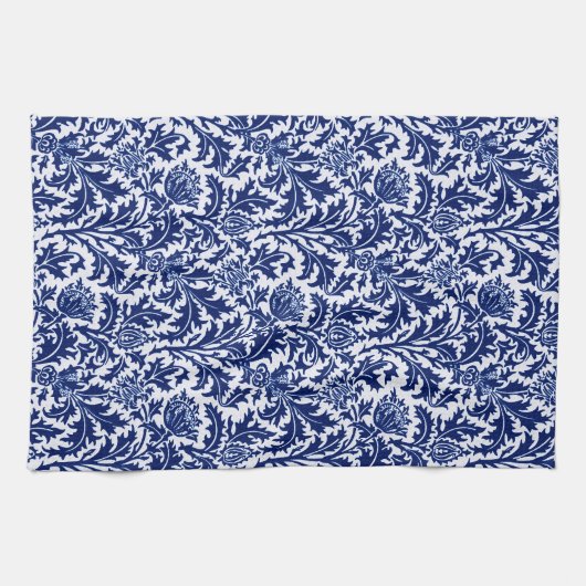 William Morris Thistle Damask, Cobalt Blue en Whit Theedoek (Horizontaal)