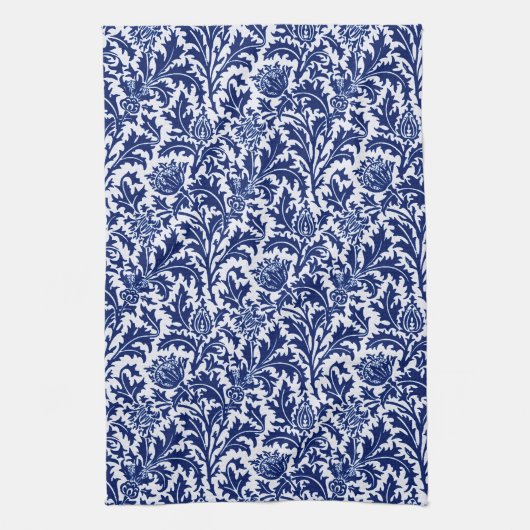 William Morris Thistle Damask, Cobalt Blue en Whit Theedoek (Verticaal)