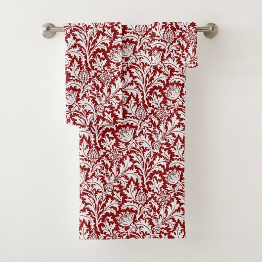 William Morris Thistle Damask, Dark Red & White Bad Handdoek (Insitu)