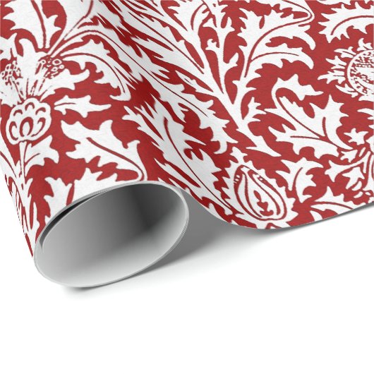 William Morris Thistle Damask, Dark Red & White Cadeaupapier (Rol Hoek)