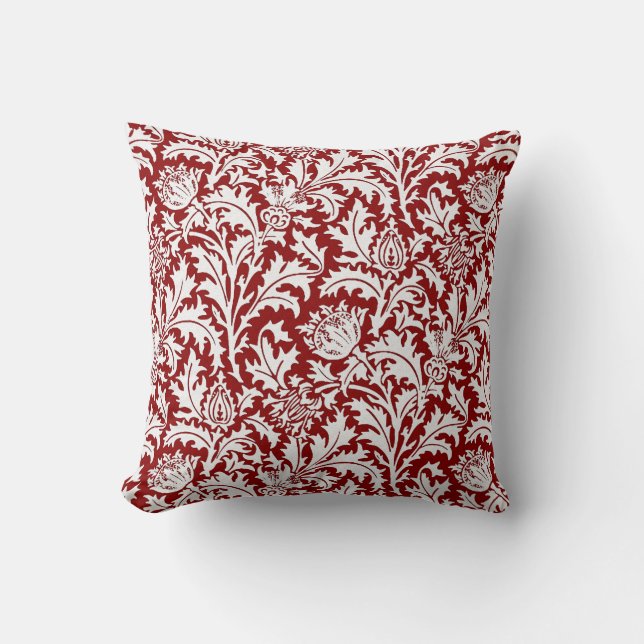 William Morris Thistle Damask, Dark Red & White Kussen (Voorkant)
