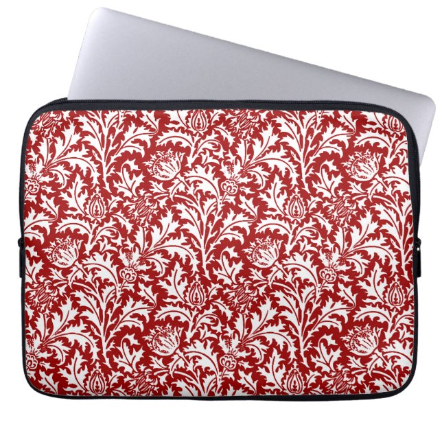 William Morris Thistle Damask, Dark Red & White Laptop Sleeve (Voorkant)