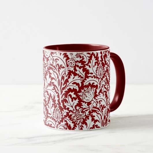 William Morris Thistle Damask, Dark Red & White Mok (Voorkant rechts)