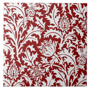 William Morris Thistle Damask, Dark Red & White Tegeltje