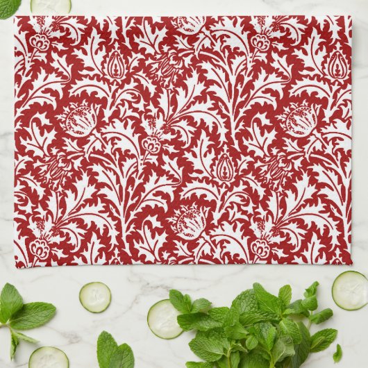 William Morris Thistle Damask, Dark Red & White Theedoek (Gevouwen)