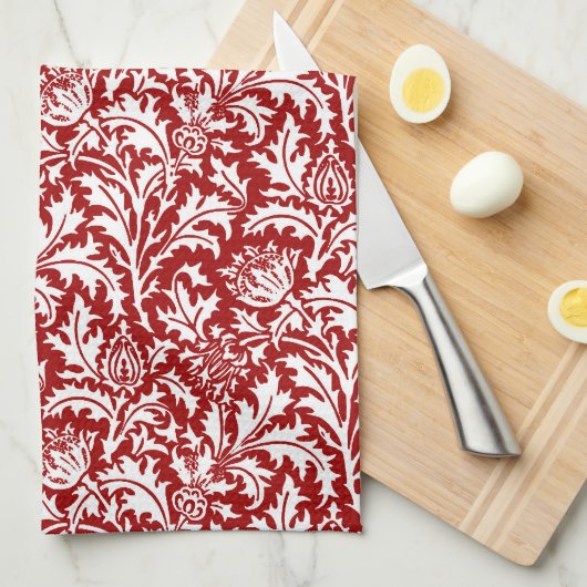 William Morris Thistle Damask, Dark Red & White Theedoek (Quarter Fold)