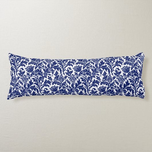 William Morris Thistle Damask Navy Blue on White Lichaamskussen (Voorkant)