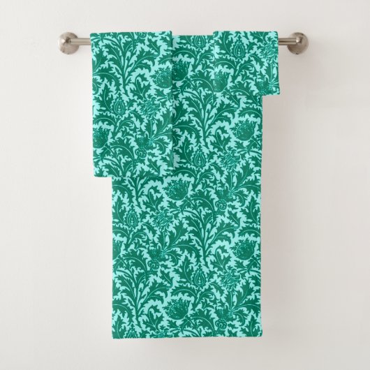 William Morris Thistle Damask, Turquoise en Aqua Bad Handdoek (Insitu)