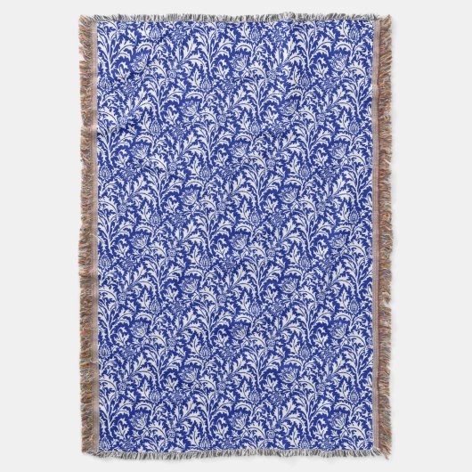 William Morris Thistle Damask White op Cobalt Blue Deken (Voorkant Verticaal)