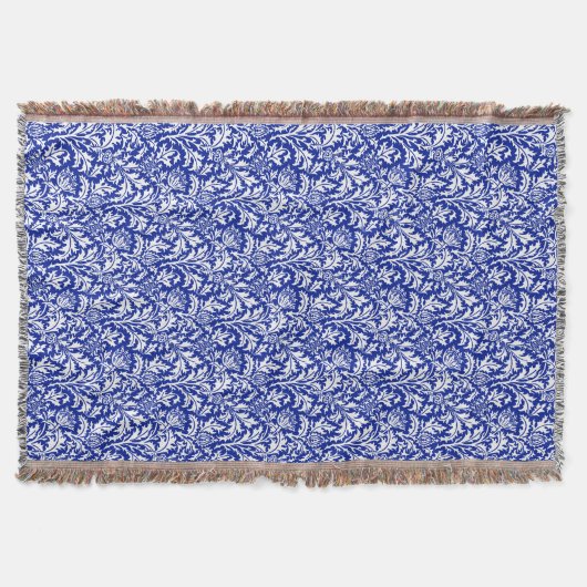 William Morris Thistle Damask White op Cobalt Blue Deken (Voorkant)