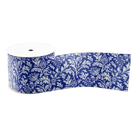 William Morris Thistle Damask White op Cobalt Blue Grosgrain Lint (Spoel)