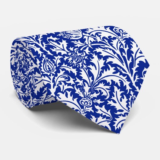 William Morris Thistle Damask White op Cobalt Blue Stropdas (Opgerold)