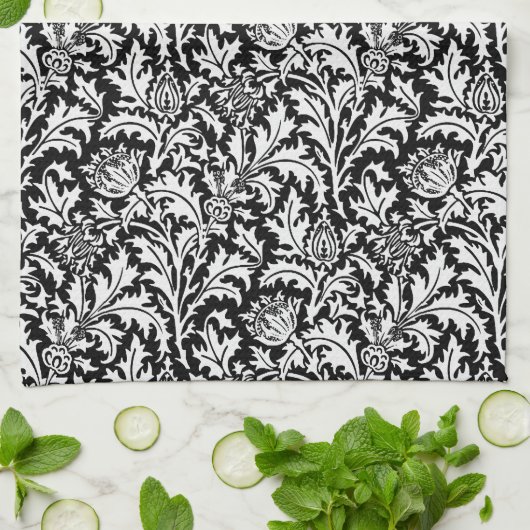 William Morris Thistle Damask, Zwart en Wit Theedoek (Gevouwen)