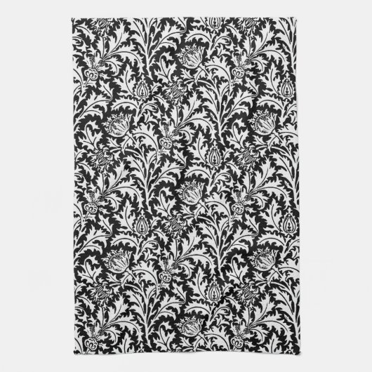 William Morris Thistle Damask, Zwart en Wit Theedoek (Verticaal)