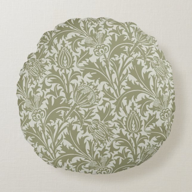 William Morris Thistle Sage Green Pattern Rond Kussen (Voorkant)