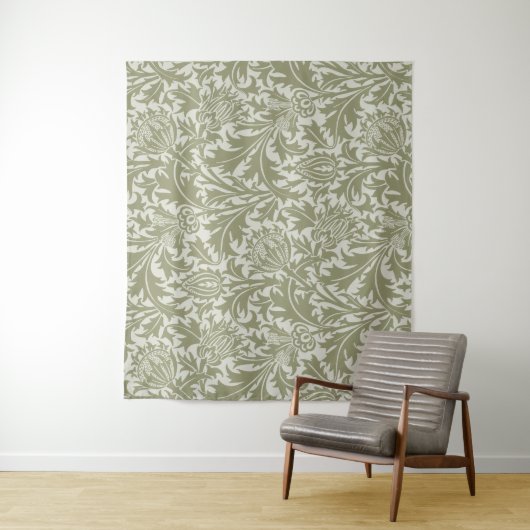 William Morris Thistle Sage Green Pattern Wandkleed (In situ)
