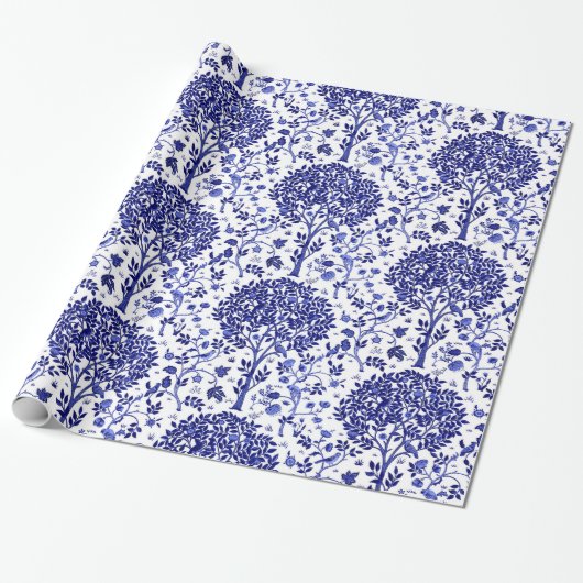 William Morris Tree of Life, Cobalt Blue en White Cadeaupapier (Uitgerold)