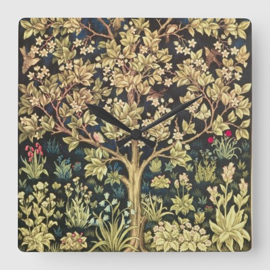 William Morris Tree of Life Floral  Art Vierkante Klok (Voorkant)