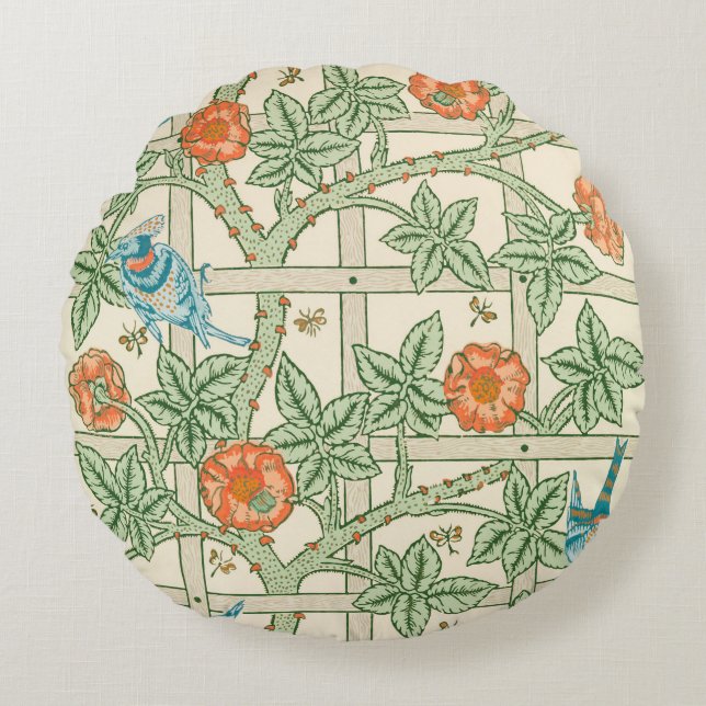 William Morris Trellis Victoriaans Behangpapier Rond Kussen (Voorkant)