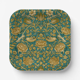 William Morris Tudor Roos Patroon Blauw Goud Papieren Bordje