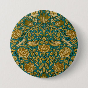 William Morris Tudor Roos Patroon Blauw Goud Ronde Button 7,6 Cm