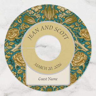 William Morris Tudor Roos Patroon Blauw Goud Wijnglaslabel