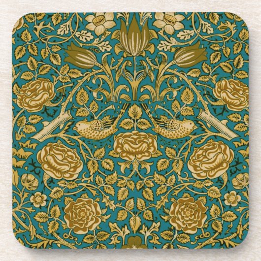 William Morris Tudor Roos Pattern Blue Golden Bier Onderzetter (Voorkant)