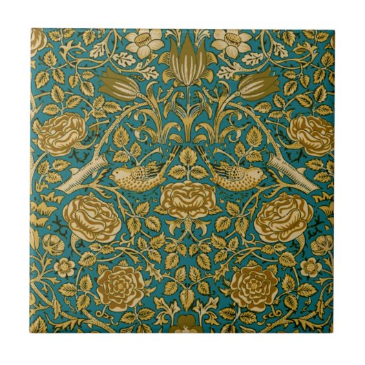 William Morris Tudor Roos Pattern Blue Golden Tegeltje (Voorkant)