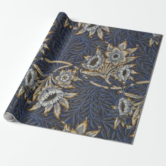 William Morris Tulp Wilgenpatroon Blauwe Bloem Cadeaupapier (Uitgerold)