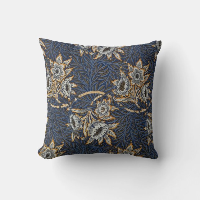 William Morris Tulp Wilgenpatroon Blauwe Bloemen Kussen (Voorkant)
