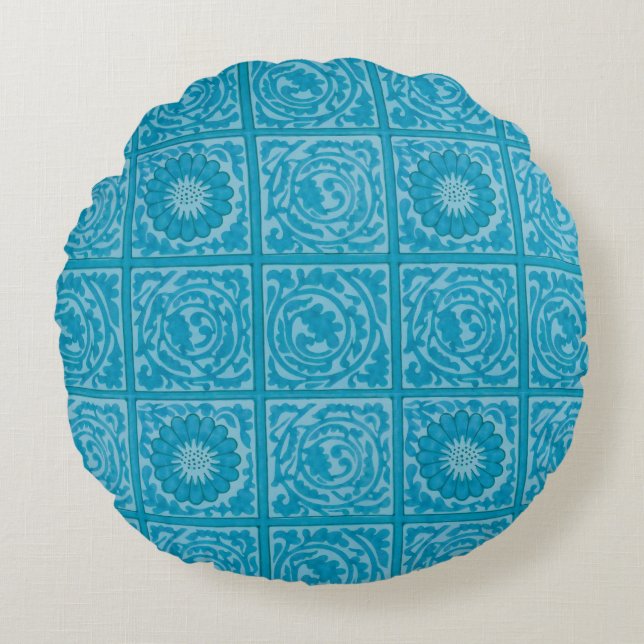 William Morris  Vierkant Blauw Bloempatroon Rond Kussen (Voorkant)