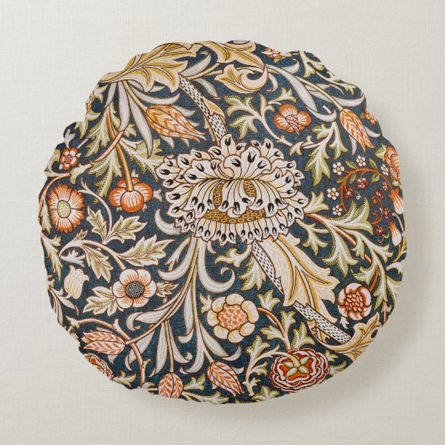 William Morris Vintage Trent Blauwe Bloempatroon Rond Kussen (Voorkant)