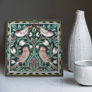 William Morris Vogels en Tulpen Groen Art Nouveau Tegeltje