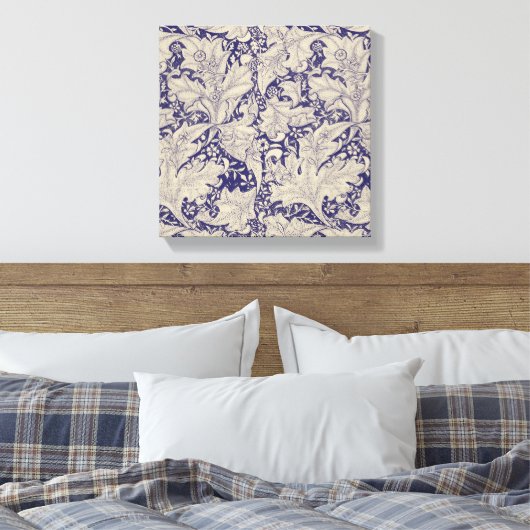 William Morris Wallflower bloemenblauw damast Canvas Afdruk (Insitu (Slaapkamer))
