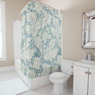 William Morris Wallflower bloemenblauw damast Douchegordijn