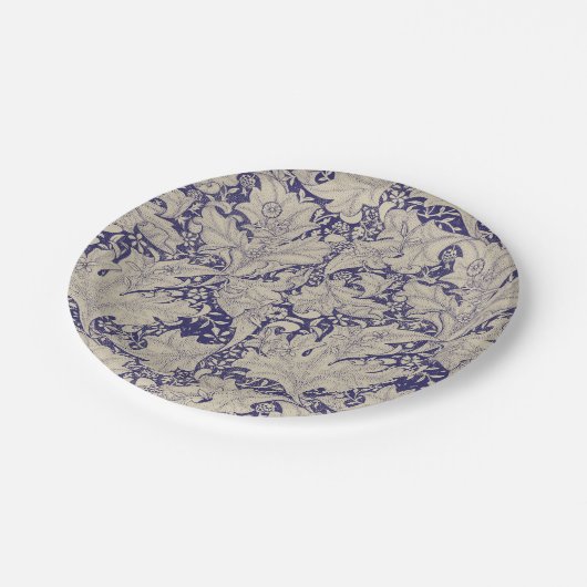 William Morris Wallflower bloemenblauw damast Papieren Bordje (Gekanteld)